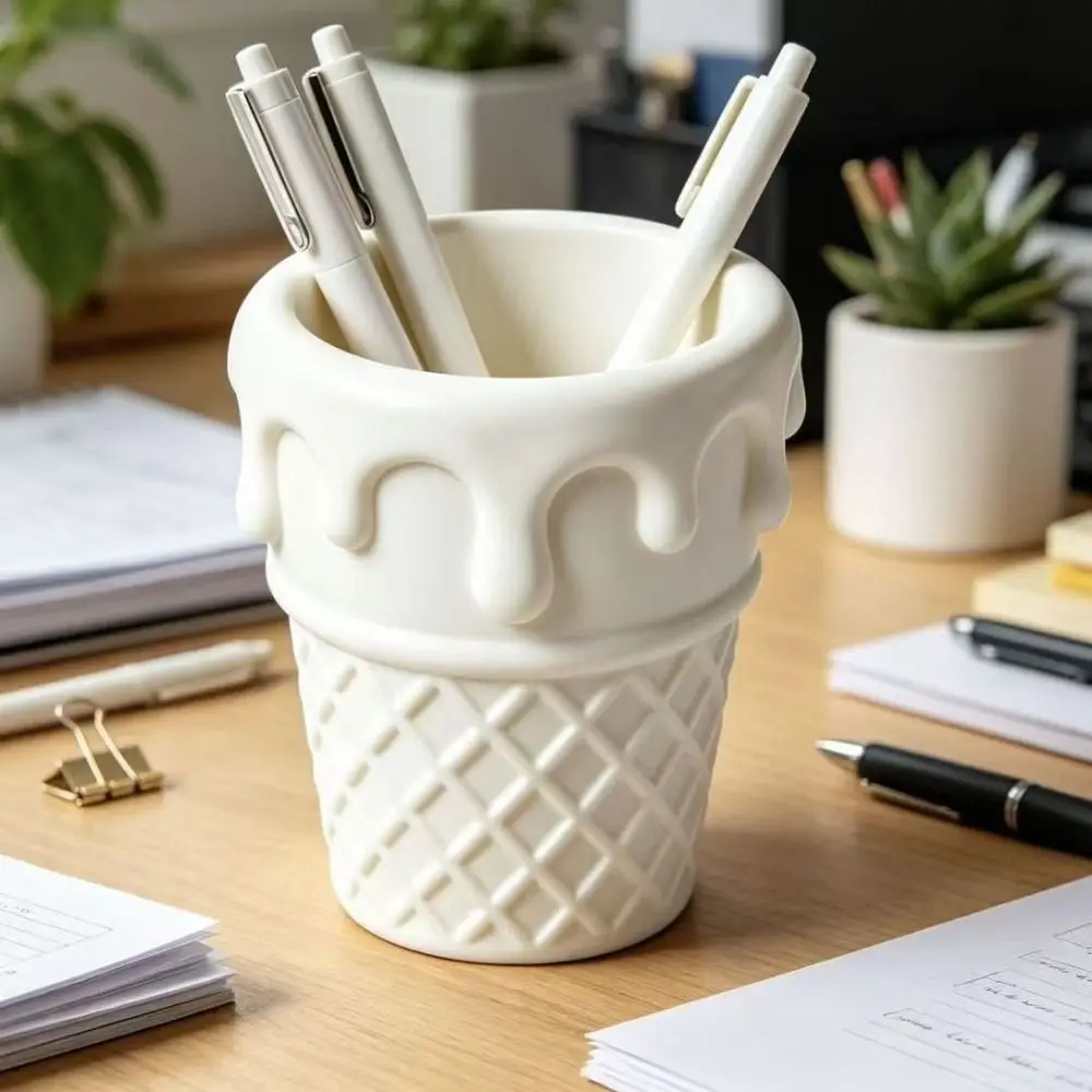3D Printed Ice Cream Cone Pen Holder Waffle Pattern Cream Drip Shape 3D Printed Pencil Cup Multi-functional Decoration