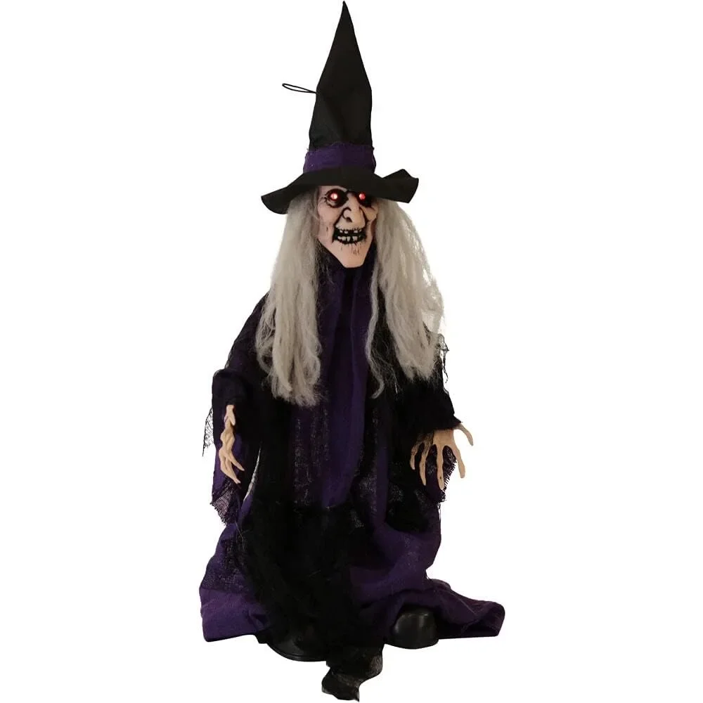 

31in Talking Witch Halloween Animatronic with Glowing Red LED Eyes, Motion and Touch-Activated Sounds, Spooky Halloween Prop