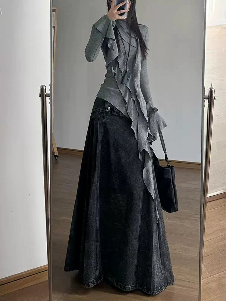 Retro American Large Size Washed Denim Work Skirt Women's Autumn Winter New Style Millennium Hot Girl Long Skirt