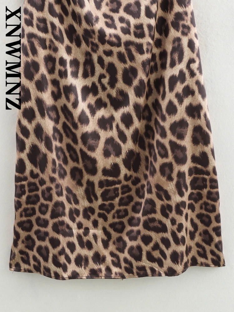 XNWMNZ 2024 Nuova Moda Donna Lunghezza Lunga Gonna Midi Abito Chic Lady Senza Maniche Colletto Allacciato Abiti Regular Fit Pizzo LEOPARD