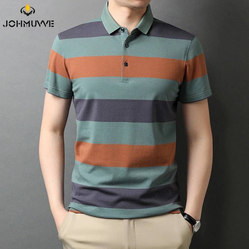 JOHMUVVE Fast Shipping Spring/Summer Striped Men\'s Short Sleeve POLO Shirt Casual Short Sleeve Top Men\'s T-Shirt