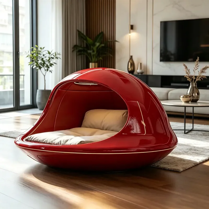 Gloss Red UFO Fiberglass Pet Cave Bed Built-in Surround Light Removable Soft Beige Cushion for Indoor Cat Dog Rest Nest