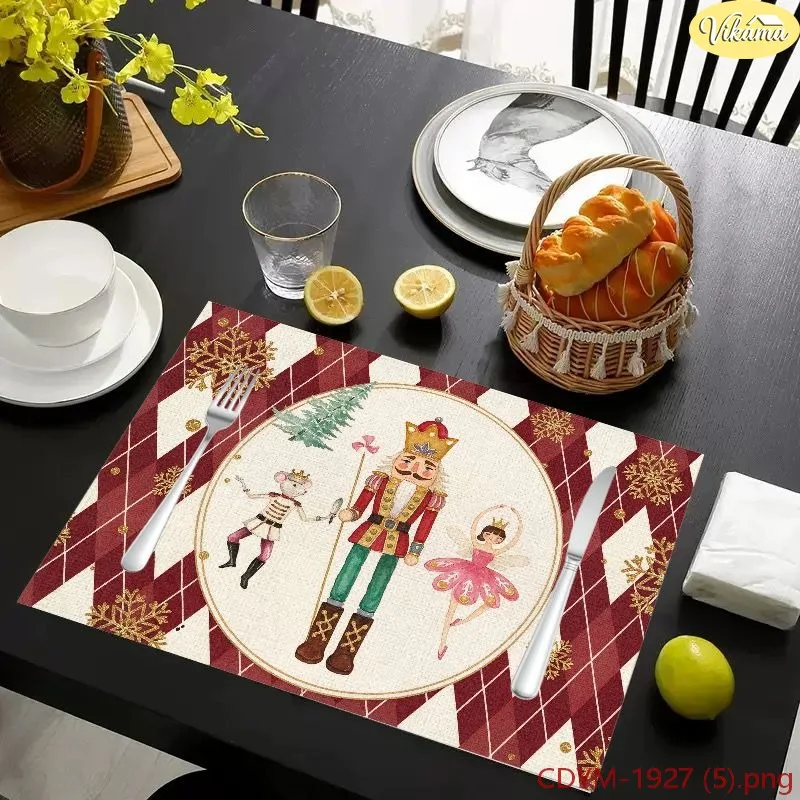 VIKAMA Christmas Placemats Burgundy Argyle Nutcracker Ballerina Mouse King Washable Dining Mat Winter Holiday Kitchen Decor