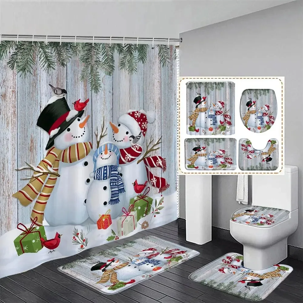 Christmas Gifts Bathroom Shower Curtain Rug Set Father Christmas Snowman Happy New Year Polyester Shower Curtains Bathroom Decor