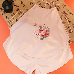 Ropa de la suerte tradicional china, Conjunto de pijama de 2 piezas, Top y pantalón corto, ropa interior de seda, bordado de flores de amor de mariposa, Bige rosa