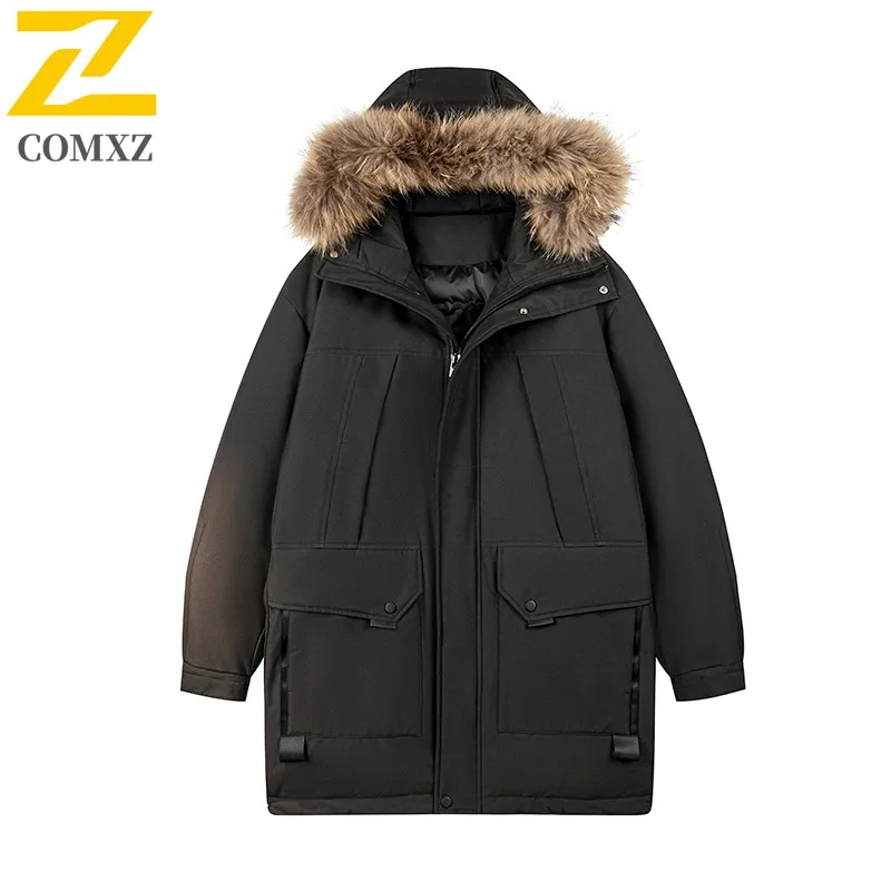 COMXZ Minimalist Down Jacket Solid Color Multi-Pocket Work Long Padded Jacket 2025 Snow Windproof Winter Padding Men's Clothing