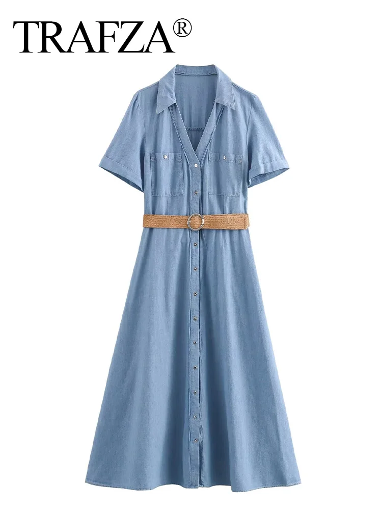 

TRAFZA Women Summer Fashion Blue Lapel Ankle Belted Midi Shirt Dress Female Vocation Turn Down Collar Short Sleeve Long Dress