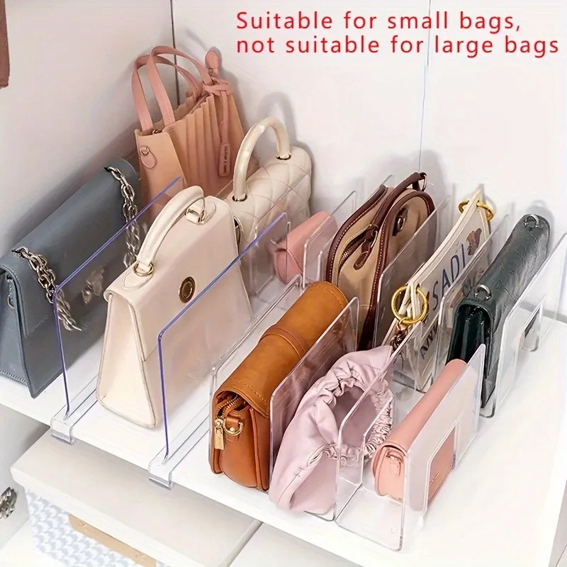 

Clear Acrylic Handbag Organizer with 4 Adjustable Dividers - Durable, Space-Saving Closet Storage Solution for Wallets and Bags