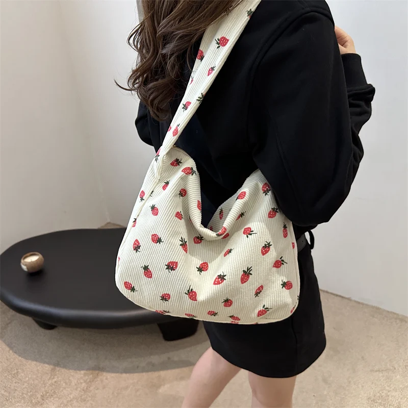 

Women Corduroy Tote Bag Cute Strawberry Shoulder Bag with Zipper Crossbody Bag for Shopping Dating