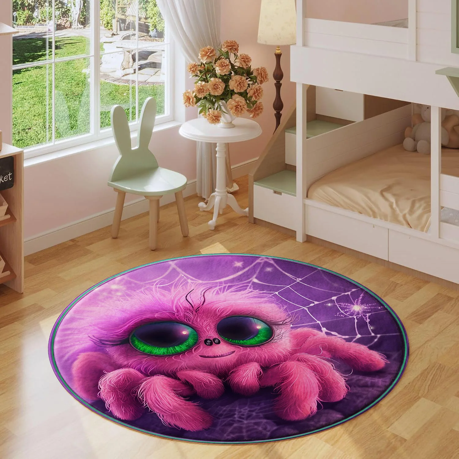 Cute Fluffy Spider Green Eyes Cobweb Purple Background Pattern Holiday Luxury Round Mat Elegant Area Rug Home Decor