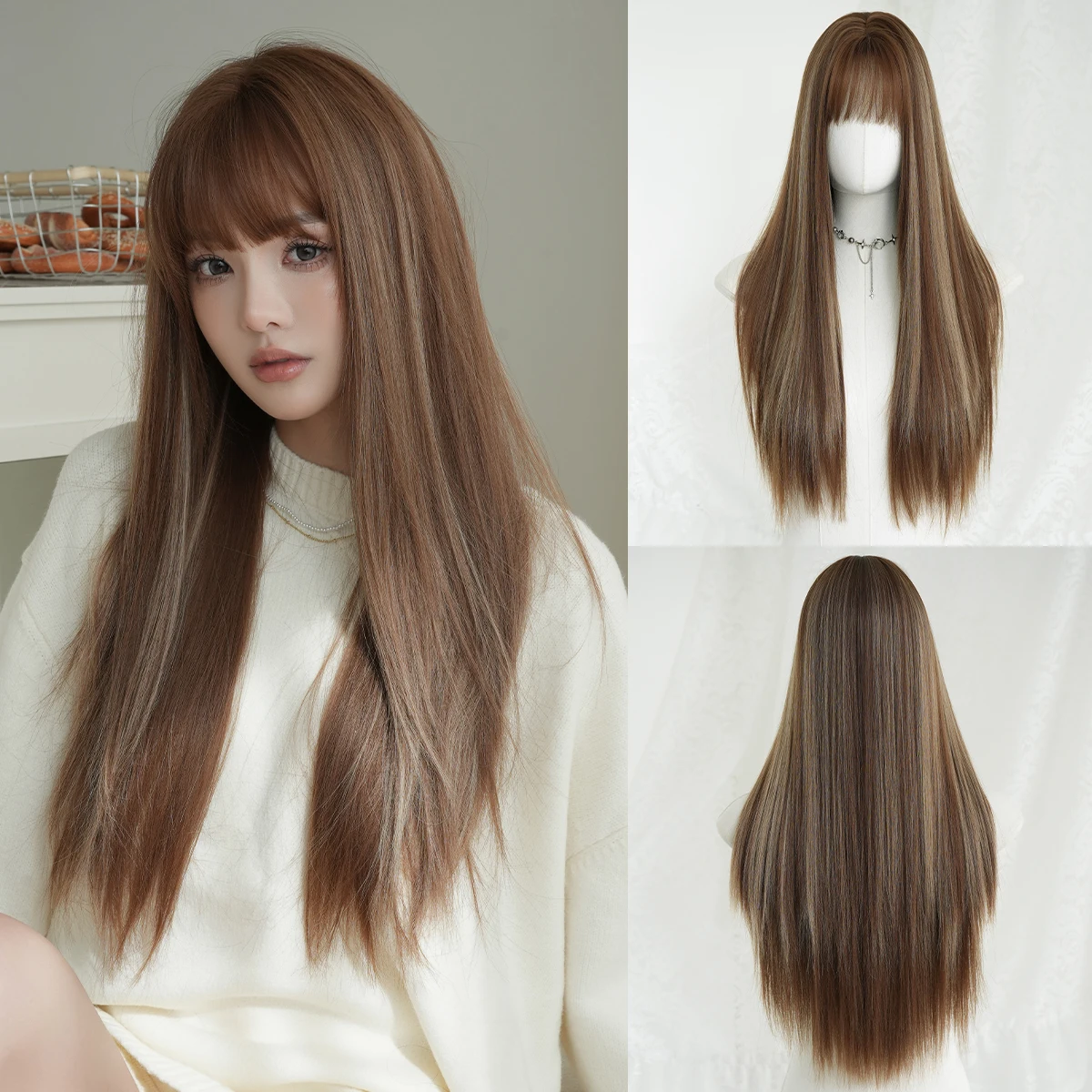 

NAMM Warm Brown Long Straight Wig With Bangs Natural Fashion Synthetic Wig Heat Resistant Fiber Wig For Daily Party Cosplay Use