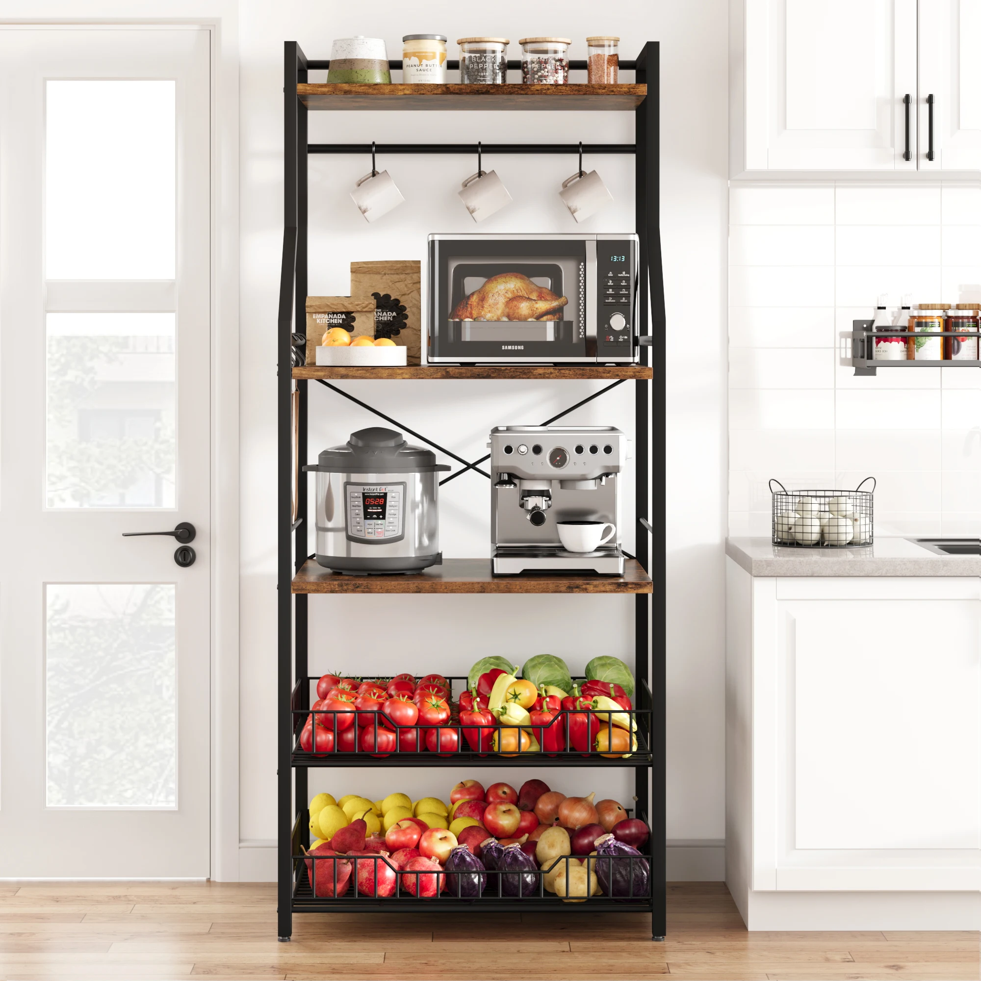 5-Tier Bakers Rack, 60 x 40 x 146 cm Kitchen Bakers Rack, Coffee Bar Station with 2 Wooden Storage Shelves, X-Shaped Reinforced Frame for Kitchens, Dining Rooms, Living Rooms