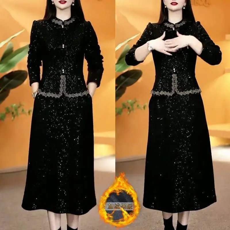 

Fleece Thicken Chic Elegant Dress Women Soft Warm Comfortable Thremal Fake Two Pieces Slim Fit Dress Versatile Autumn WinterC238
