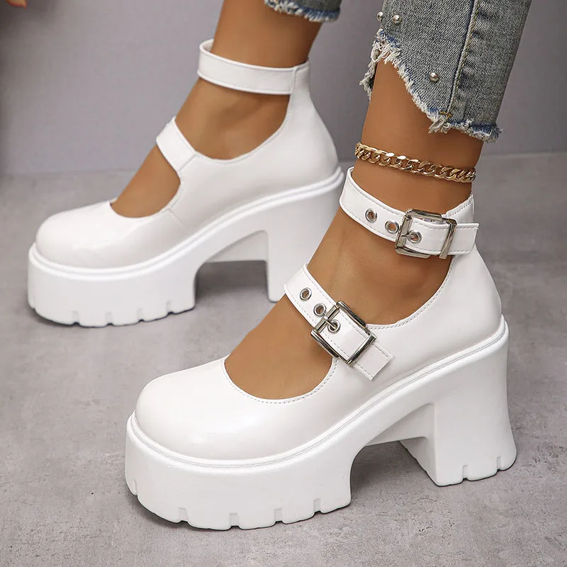 Chunky Platform Punk Gothic Shoes Women Ankle Buckle Super High Heels Pumps Woman 2024 Pu Leather Square Heel Mary Jane Shoes