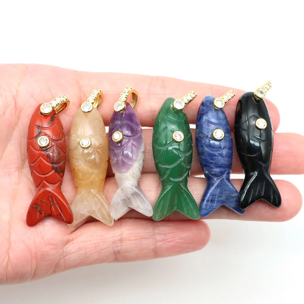 Fish Shape Pave White Zircon Charms Crystals Stones Natural Amethyst Rose Quartz Carved Gemstone for DIY Jewelry Accessory