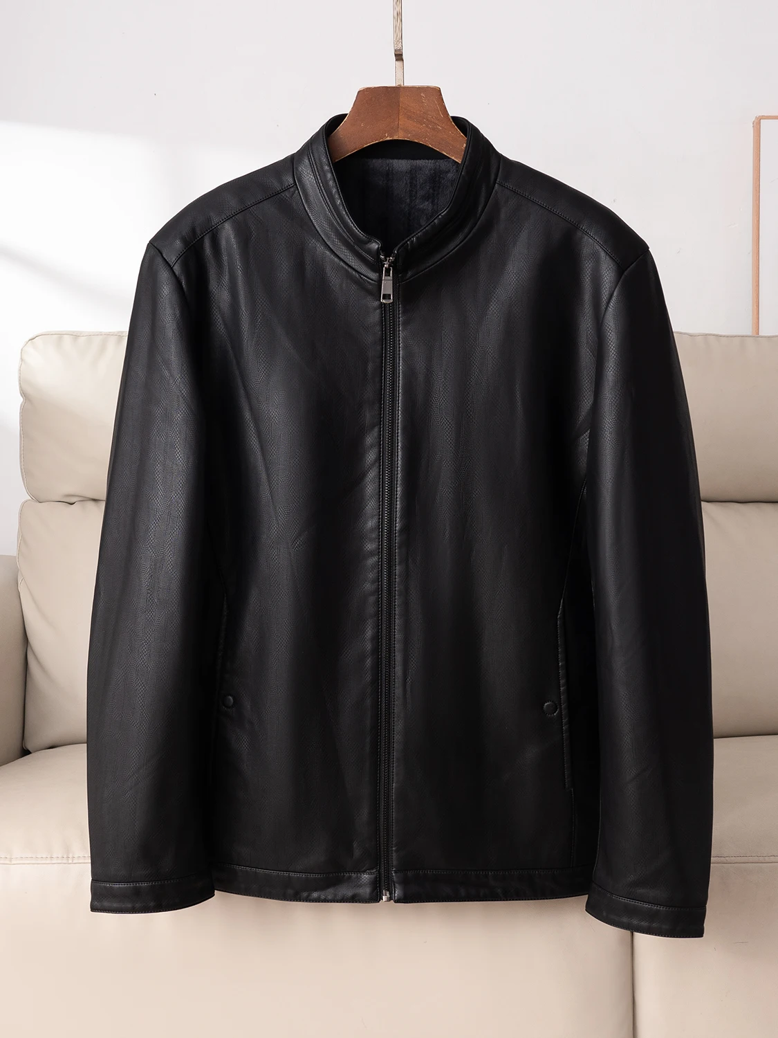 

Men's Fce Lined Stand Collar PU Leather Jaet Casual Lightweight Busin Casual Coat Middle Age Dad Faion Warmth