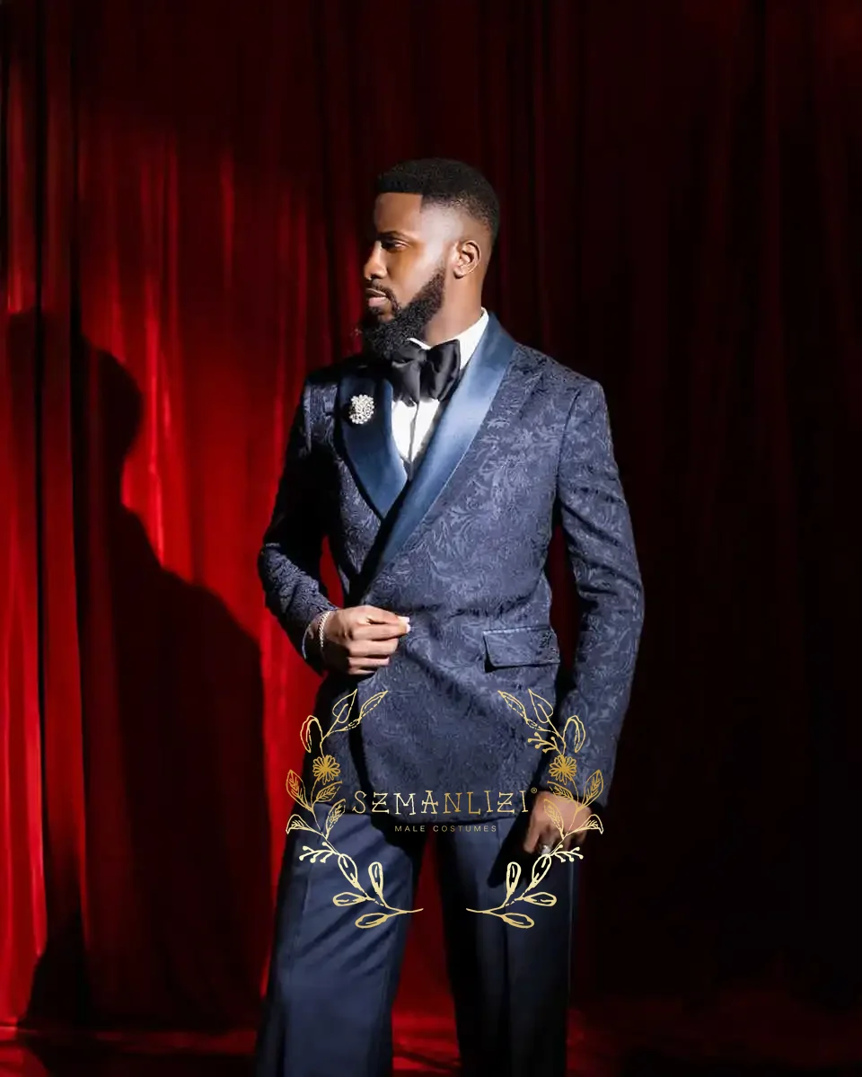 Navy Blue Jacquard Suit Sets For Men Wedding Groom Tuxedos High Quality Outfits Formal Male Double Breasted Blazer Pants 2 Pcs