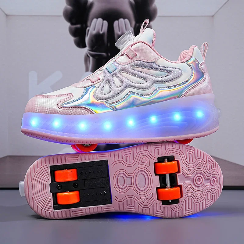 Roller Skate Shoes 4 Wheels Sneakers Children Boys Led Flashing Light Gift Girls Fashion Sports Casual Led Light Kids Toys Boots