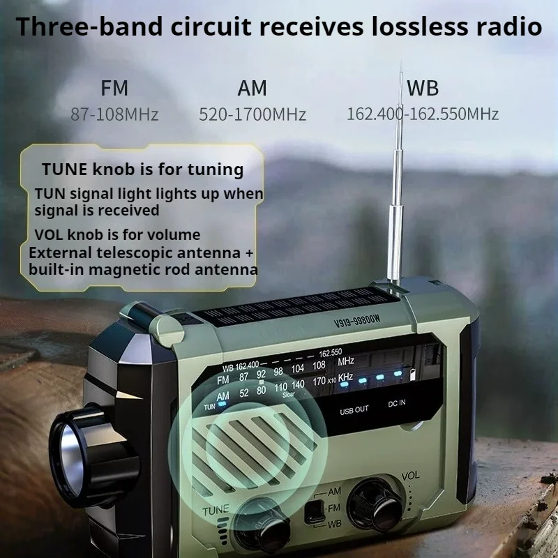 Disaster prevention hand crank power generation radio flashlight solar power bankfield survival equipment