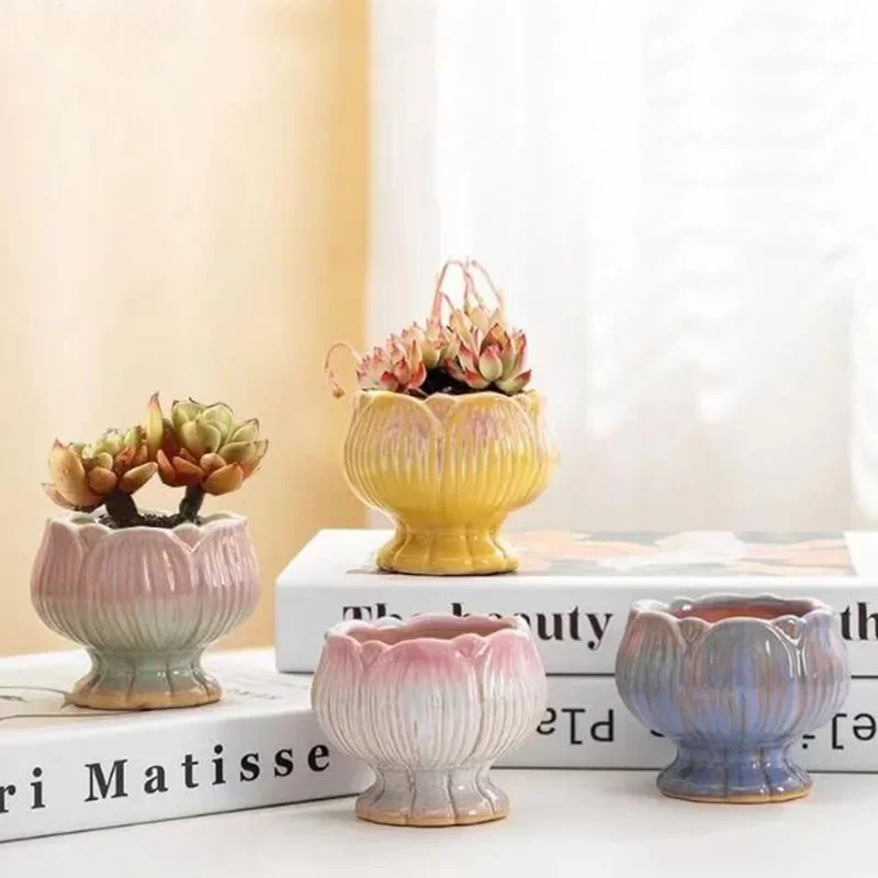 Creative Gradual Change Color Petal Flowerpot Succulent Plant Pot Breathable Vase Desktop Ornaments Home Garden Decor