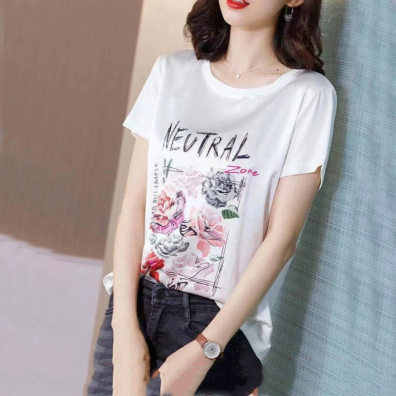 Fashion White Short Sleeve T-shirt for Women's New Summer Solid Loose Printing All-match Trend Tops Tees Elegant Vintage Clothes