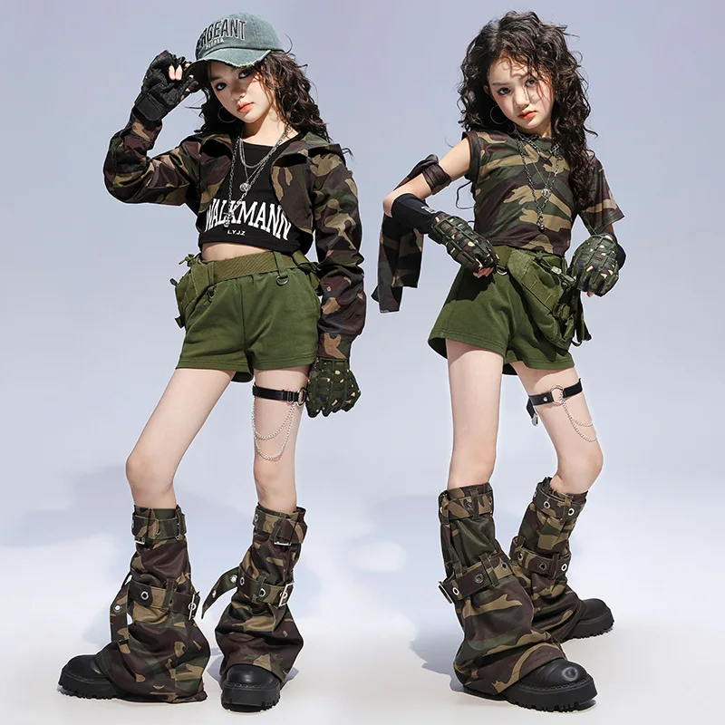 Camouflage Crop Hoodie Jacket Casual Parachute Pants Army Green Shorts Kid Hip Hop Clothing Girl Jazz Dance Costumes Clothes