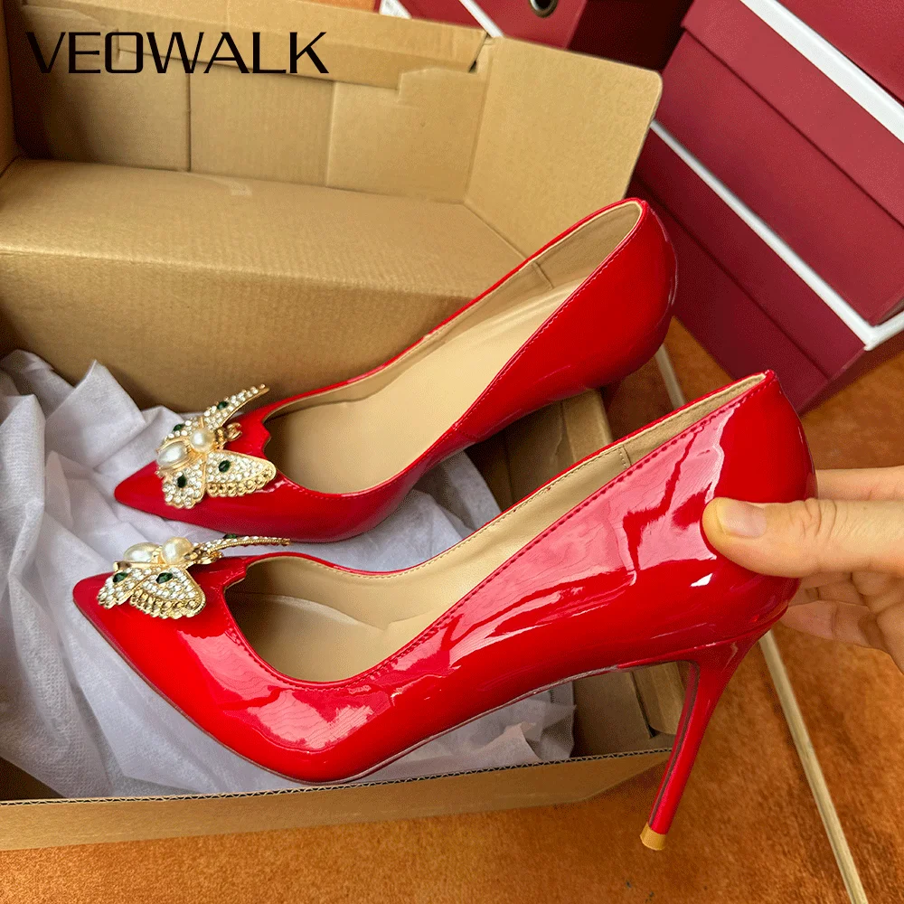 

Женские туфли-лодочки Veowalk, шикарные туфли-лодочки на шпильке 12 см, 10 см, 8 см, пикантные туфли с блестками и бантом, красного цвета, с острым носком, без застежки, на высоком каблуке, Свадебная обувь для вечеринки