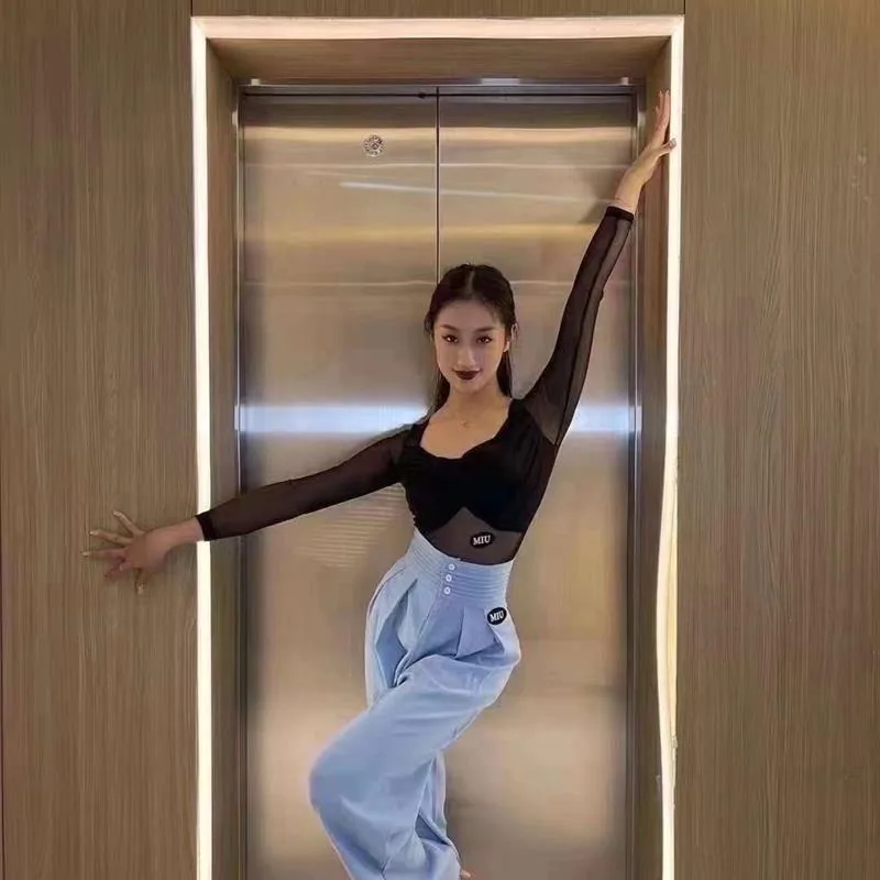 customized Latin dance pants with high waisted straight leg loose modern pants for teaching women Cha Cha samba tango rumba wear