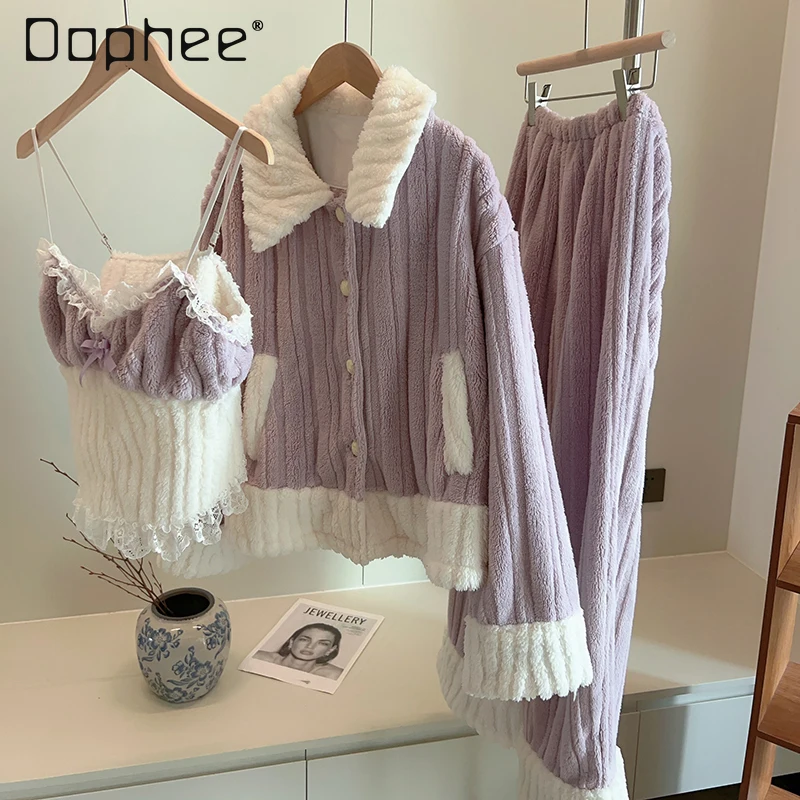 

Coral Fleece Purple Pajama Sets Three Piece Sets Winter Women Warm Lace Patchwork Lapel Cardigan V Neck Camisole Loungewear