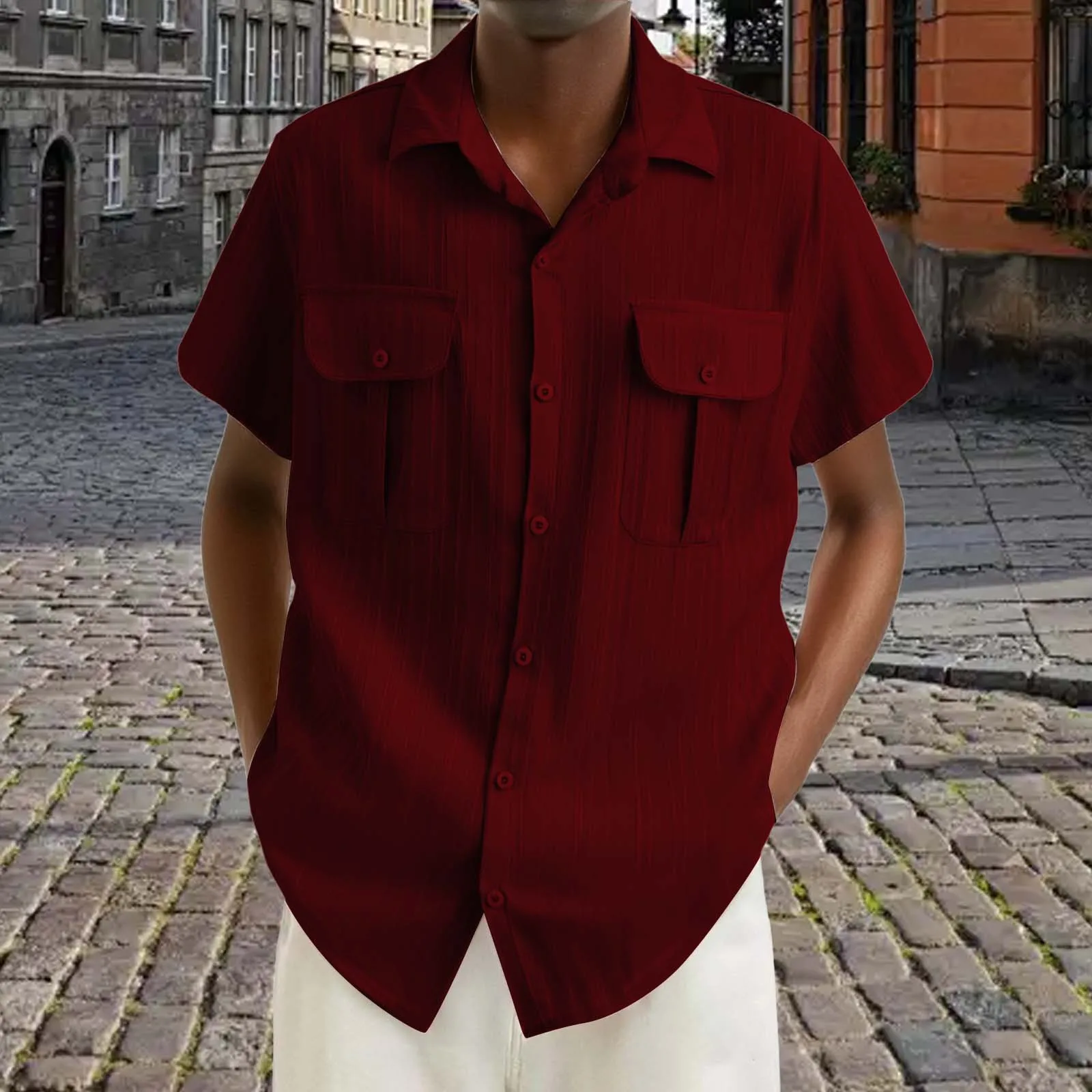 Summer Men's Solid Color Casual Short Sleeve Button Cardigan Sports Loose Lapel Men's Shirt