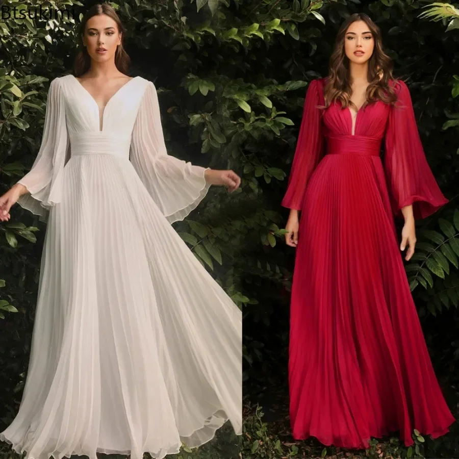 2024 Women\'s Elegant Evening Party Dress Long Sleeve Sexy Deep V Neck White Floor Length Dresses Female Wedding Gowns Prom Robes