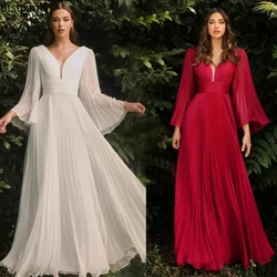 2024 Women's Elegant Evening Party Dress Long Sleeve Sexy Deep V Neck White Floor Length Dresses Female Wedding Gowns Prom Robes