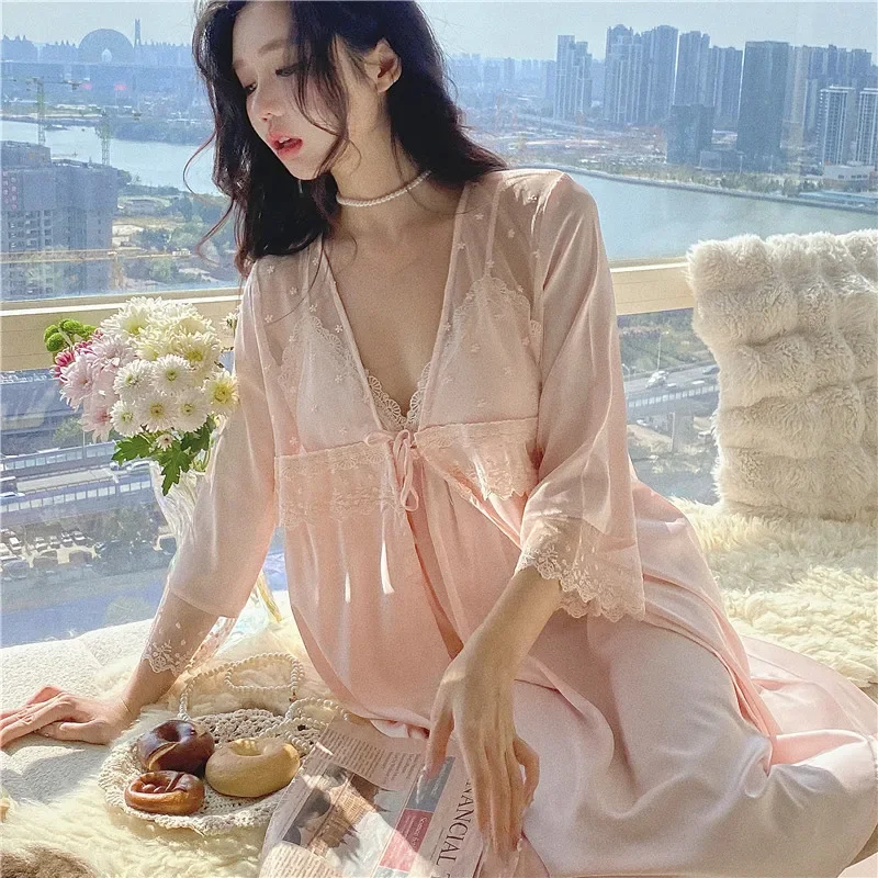 

Nightgown Sleepwear Sexy Patchwork Lace Nightdress Bathrobe Gown Women Wedding Nighty&Robe Set Summer Satin Home Wear LoungeWear