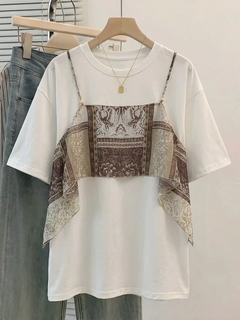 Ethnic Style Short Sleeve T-Shirt Women's plus Size Patchwork Bordered Shoulder Lengthened Top Breathable Skin-Friendly Korea...