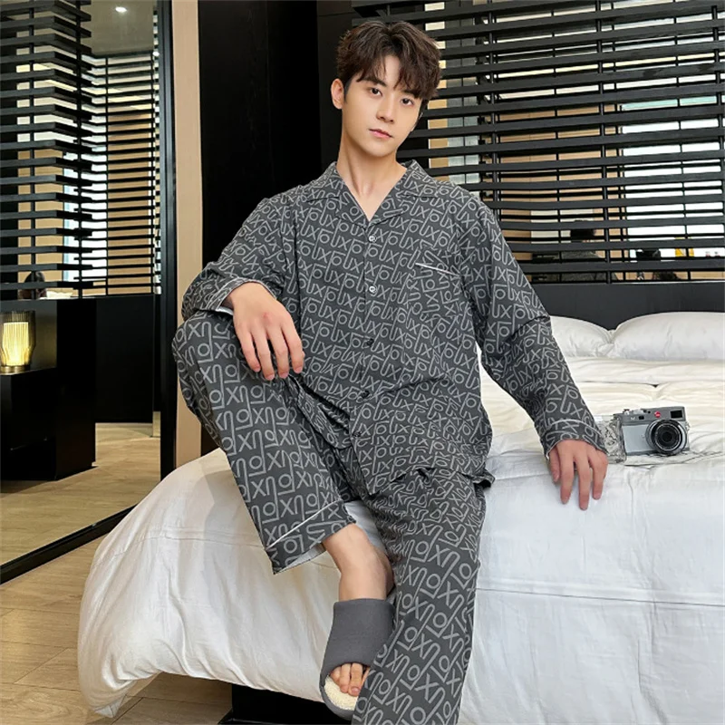 Spring Autumn Men\'s Thin Printed Pajamas Lapel Long Sleeve Cardigan Pants Two Piece Set Oversized Casual Home Clothing