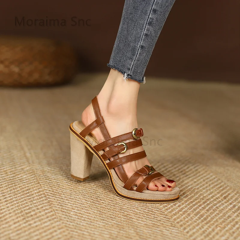 

Retro Brown Belt Buckle Chunky High Heels Sandals Women's Summer Shoes Open Toe Roman Leather Sandals Back Strap Office Shoes