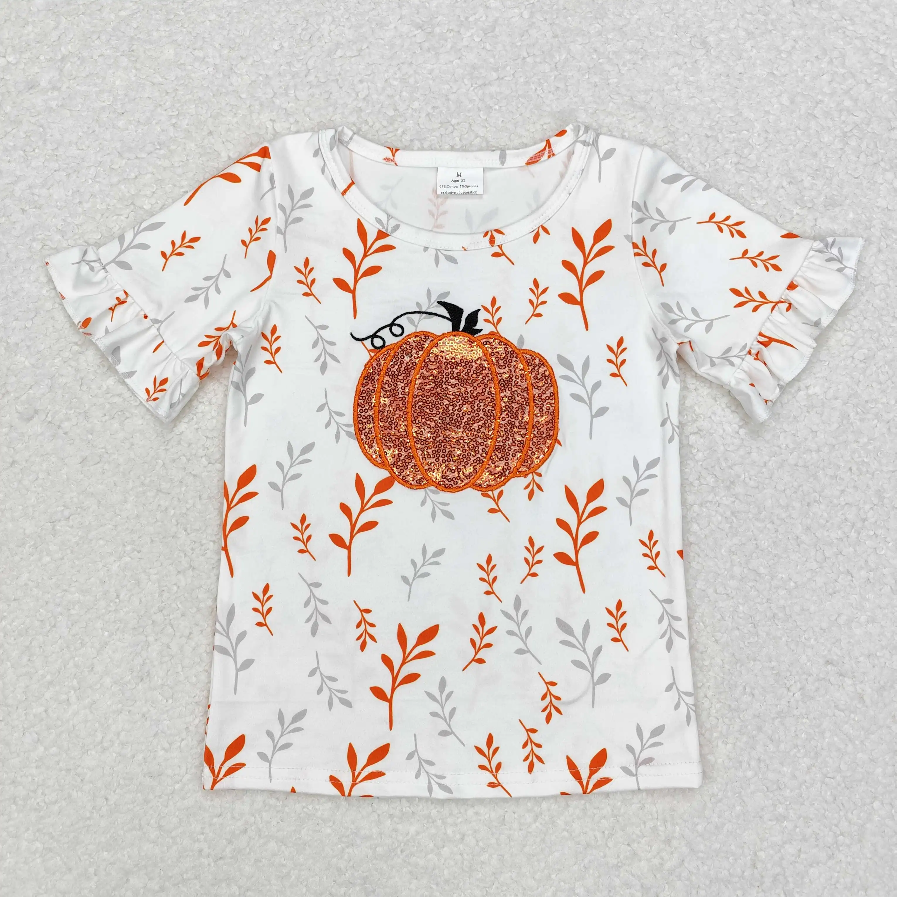 GT0824 Fashionable And Good-Looking Girls Clothes Short Sleeve Sequin Pumpkin White Print With Children Clothes Rts No Moq