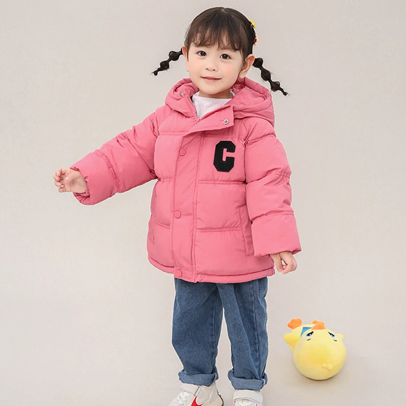 2024 Winter New Girls Jacket Solid Color Thicken Keep Warm Bread Jacket For 3-12Y Girls Stand Collar Leisure Down Cotton Outwear