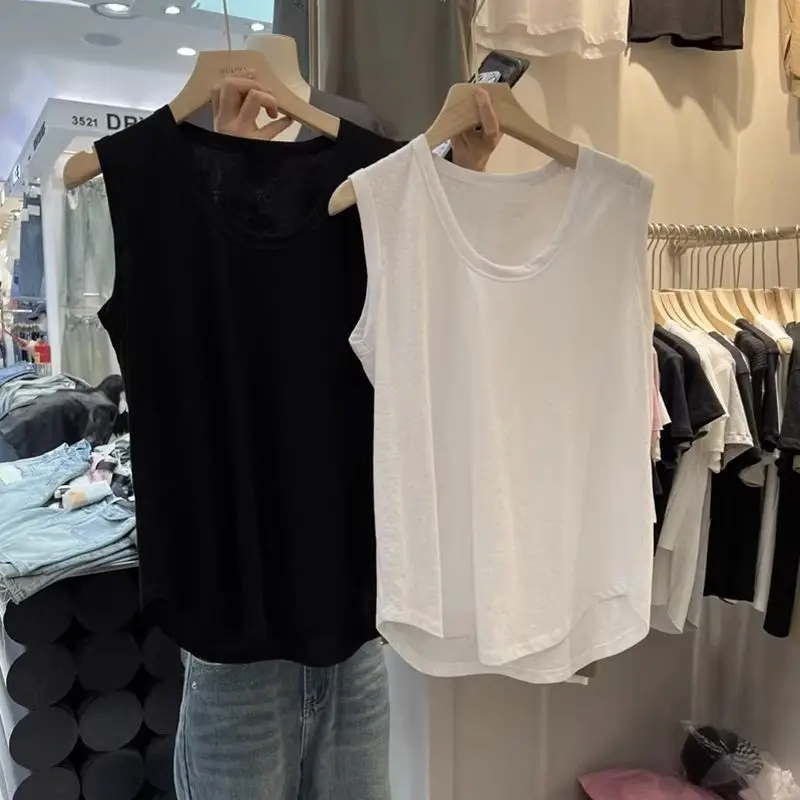 

plus Size Women's Korean Style Color Vest Loose Fit Summer Thin Base Shirt Belly Cover Trendy Commute round Neck High W...
