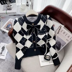 Argyle Knitted Thicken Sweater Cardigan Women 2022 Winter Bowtie Elegant Vintage Stylish Fashion Coat Jacket Long Sleeve Jumpers