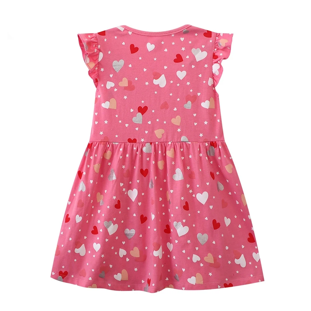 VIKITA Girls Pink Flare Sleeve Heart-shaped Star Print Cotton Dress Kids Summer Straight Casual Cute Fashion Princess Dress 3-7Y