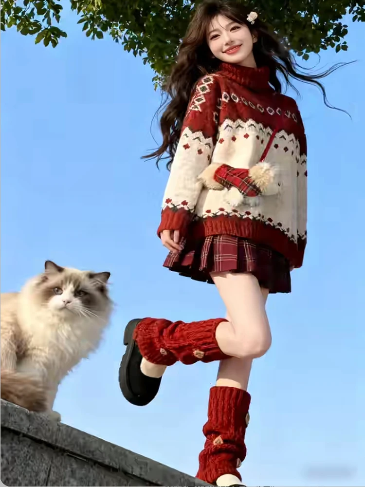 Cisas inverno camisola de malha e saia xadrez conjunto feminino faion duas peças conjunto vermelho fair isle malha princ sle