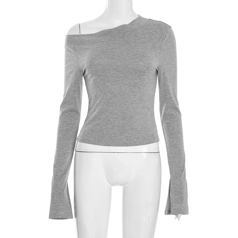 CUTENOVA Damen-Herbst-Neuankömmling, vielseitiges, einfarbiges, schulterfreies, langärmliges, schlitzes, tailliertes, schmal geschnittenes T-Shirt, lässiges Oberteil