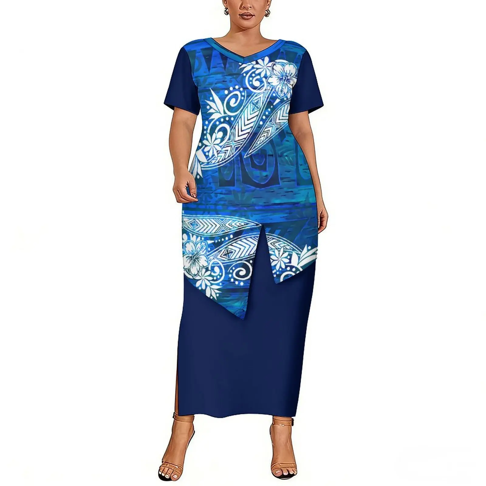 Simple And Casual Style Polynesian Women'S Suit Skirt Customized Summer Wholesale With Pleated Hem And Fitted V-Neck Puletasi