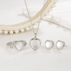 Andara 925 Sterling Silver Love Shape Necklace Ring Ear Stud Jewelry Set for Women Charming Jewelry Gift