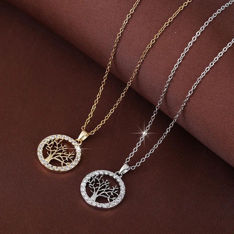 

Women Round Hollow Tree Of Life Zircon Necklace Trendy Cold Wind Clavicle Chain Elegant Female Daily Accessories