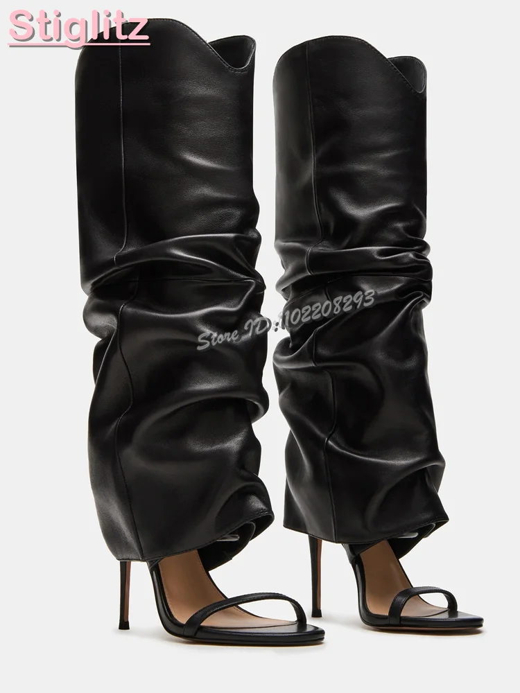 

Black Round Open Toe Stiletto Heel Sandals Pleated Strappy High-Heeled Knee-high Boots Slip-On Women's Boots Shoes 2025 New