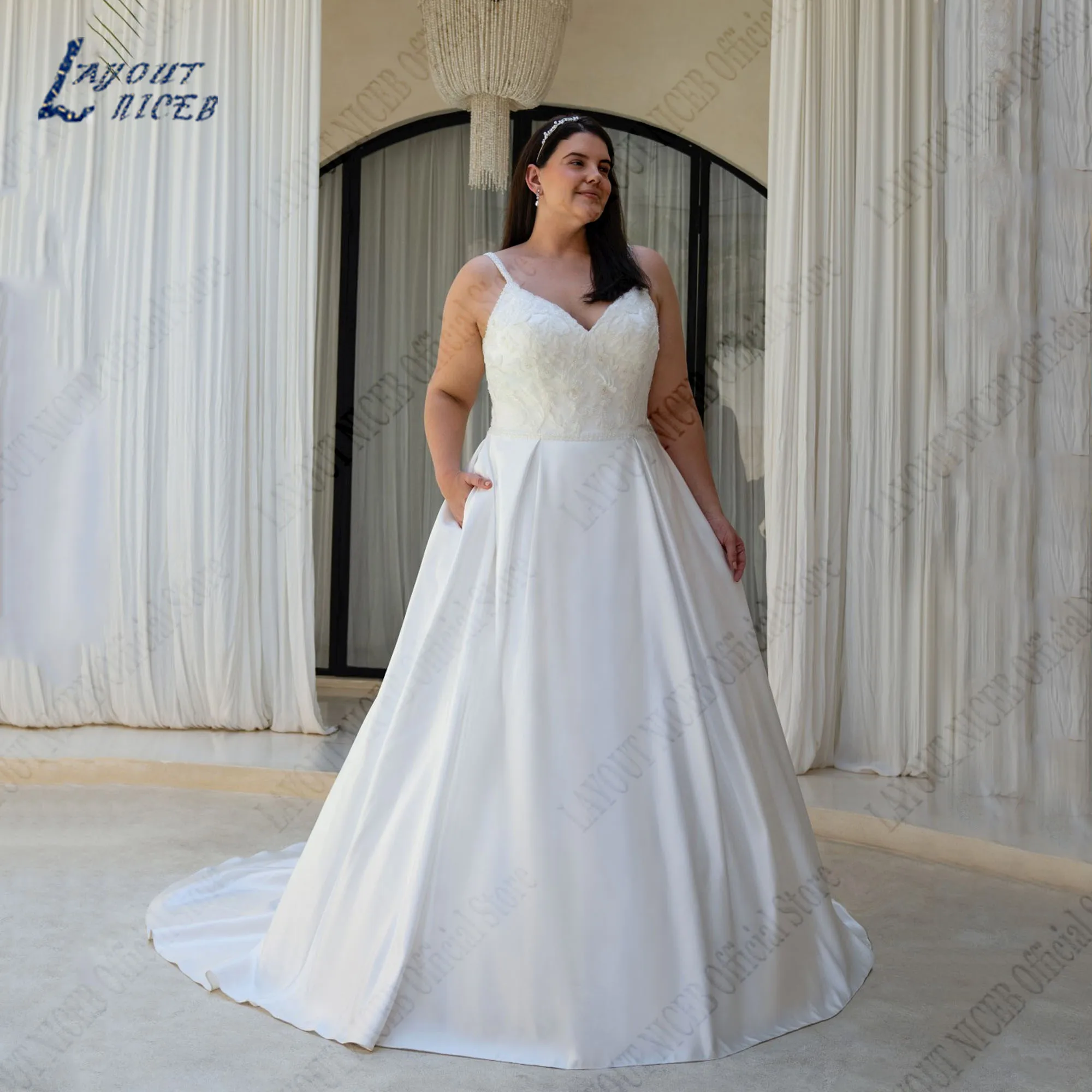 LAYOUT NICEB Satin Oversize Wedding Dress For Woman Sleeveless A-Line V-Neck Robe De Mariée Spaghetti Straps Applique Button