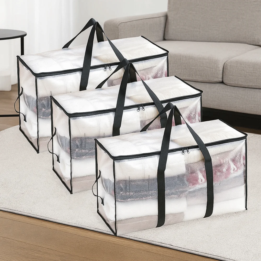 2Pcs Double Zipper Transparent Storage Bag Large Capacity Dustproof Moving Luggage Bags Reusable Waterproof