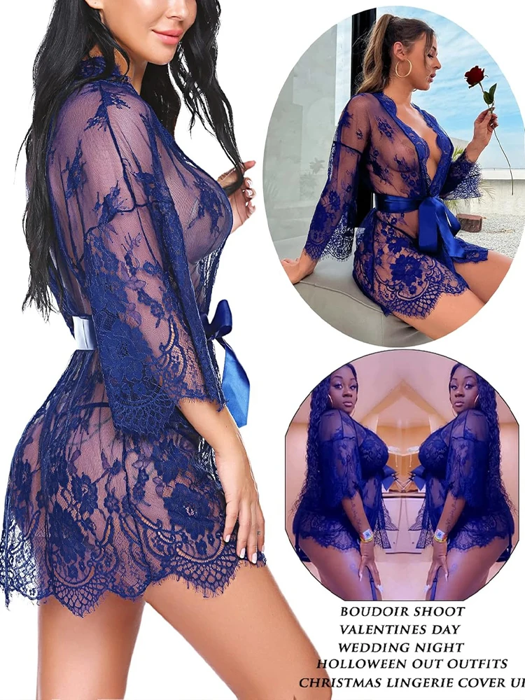 Gaun Pakaian Tidur Renda Jubah Kimono Wanita Lingerie Seksi Transparan Leher V Pakaian Tidur Babydoll Jubah Erotis Kostum G-string